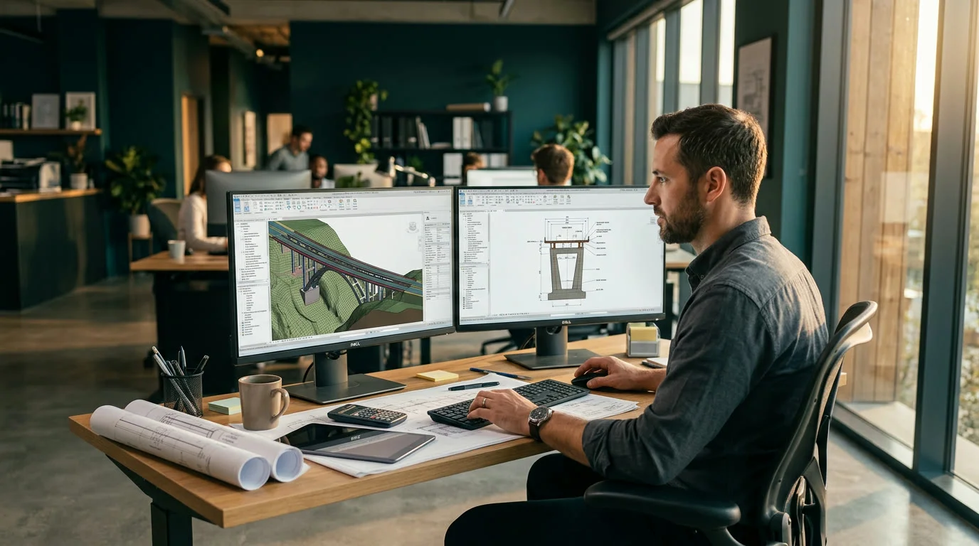 Illustrative scene of a civil engineer working with a bridge model and structural drawings