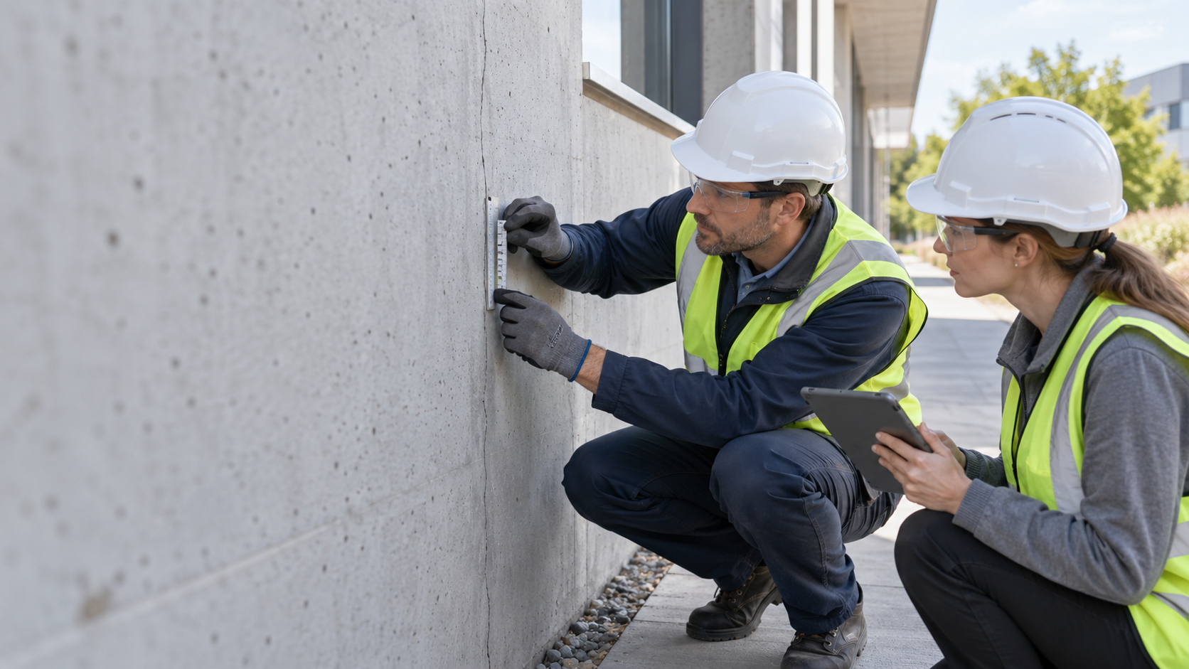 Illustrative scene of engineering professionals measuring and recording a concrete defect