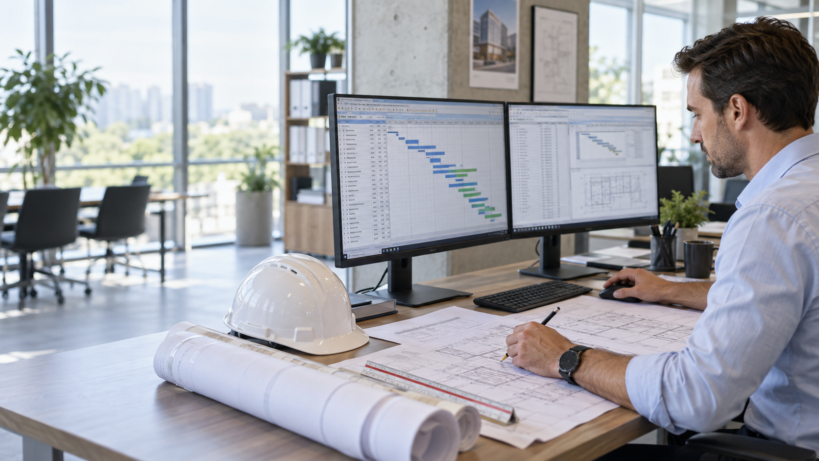 Illustrative scene of a project manager developing a construction programme at a workstation