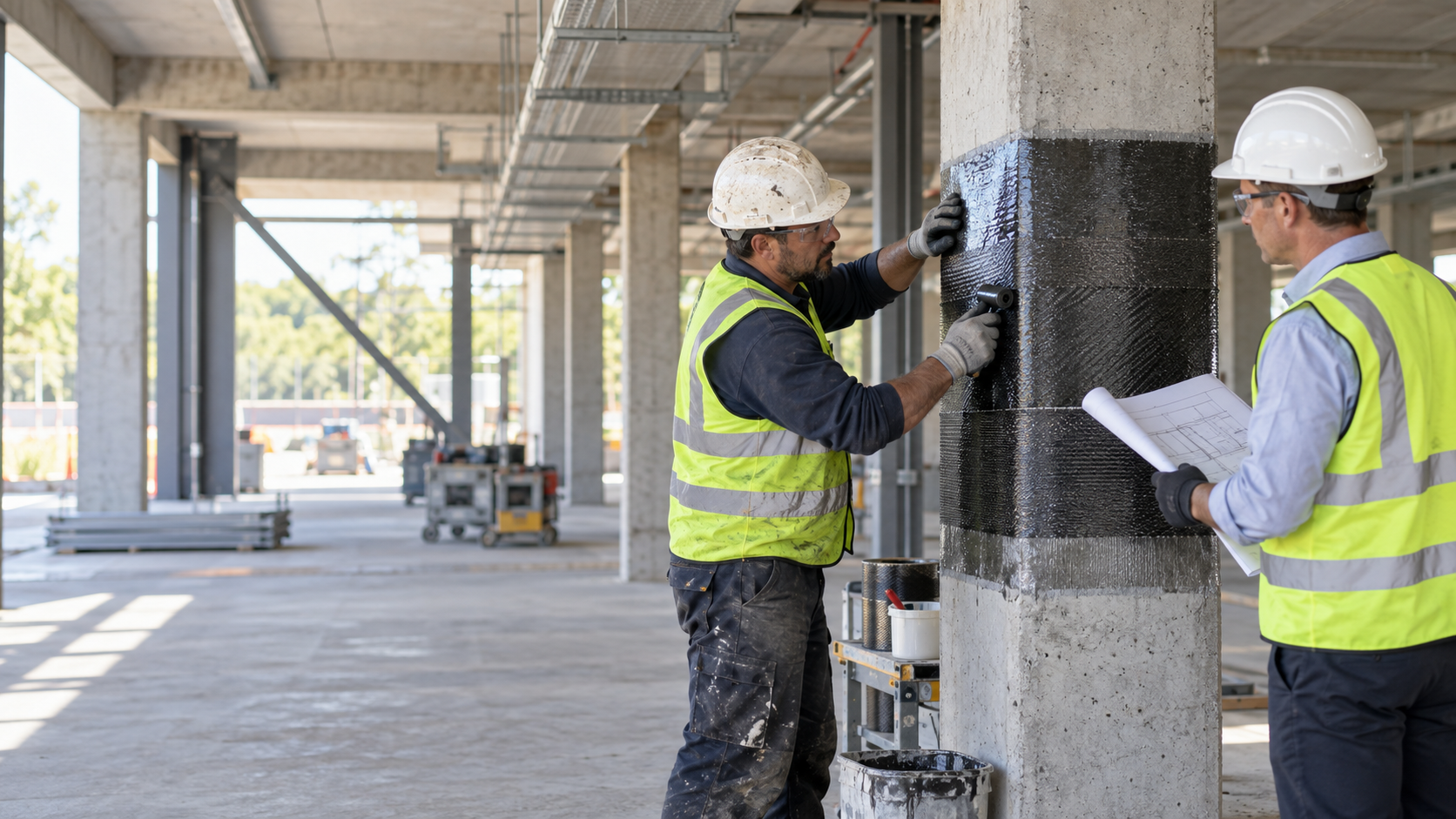 Illustrative scene of an engineer and contractor reviewing concrete column strengthening works