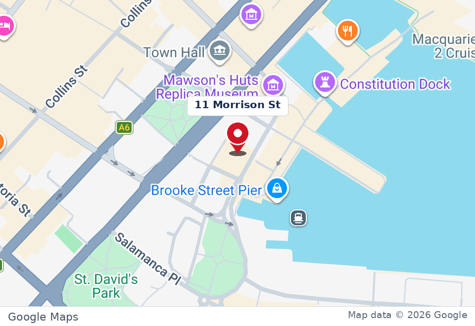 Street map marking 11 Morrison Street in Hobart, with the nearby CBD streets and waterfront.