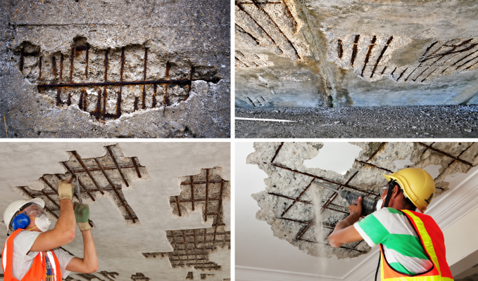 Figure 4. Concrete repair in progress: removal of deteriorated concrete and exposure of reinforcement for assessment and treatment.