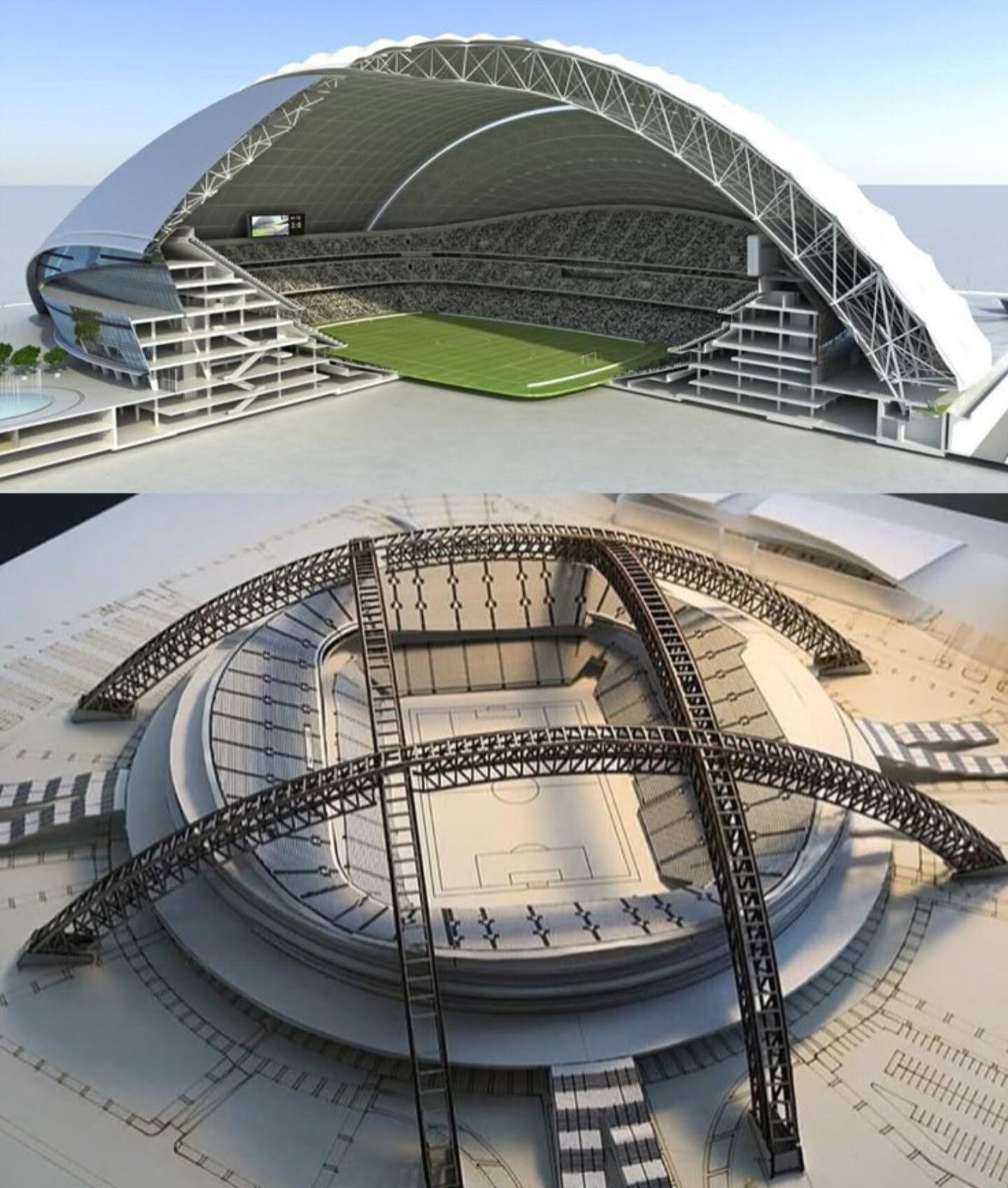 Figure 8. A Schematic Football Stadium Structural Design - Space Tubular Arch Truss System 3D Overview