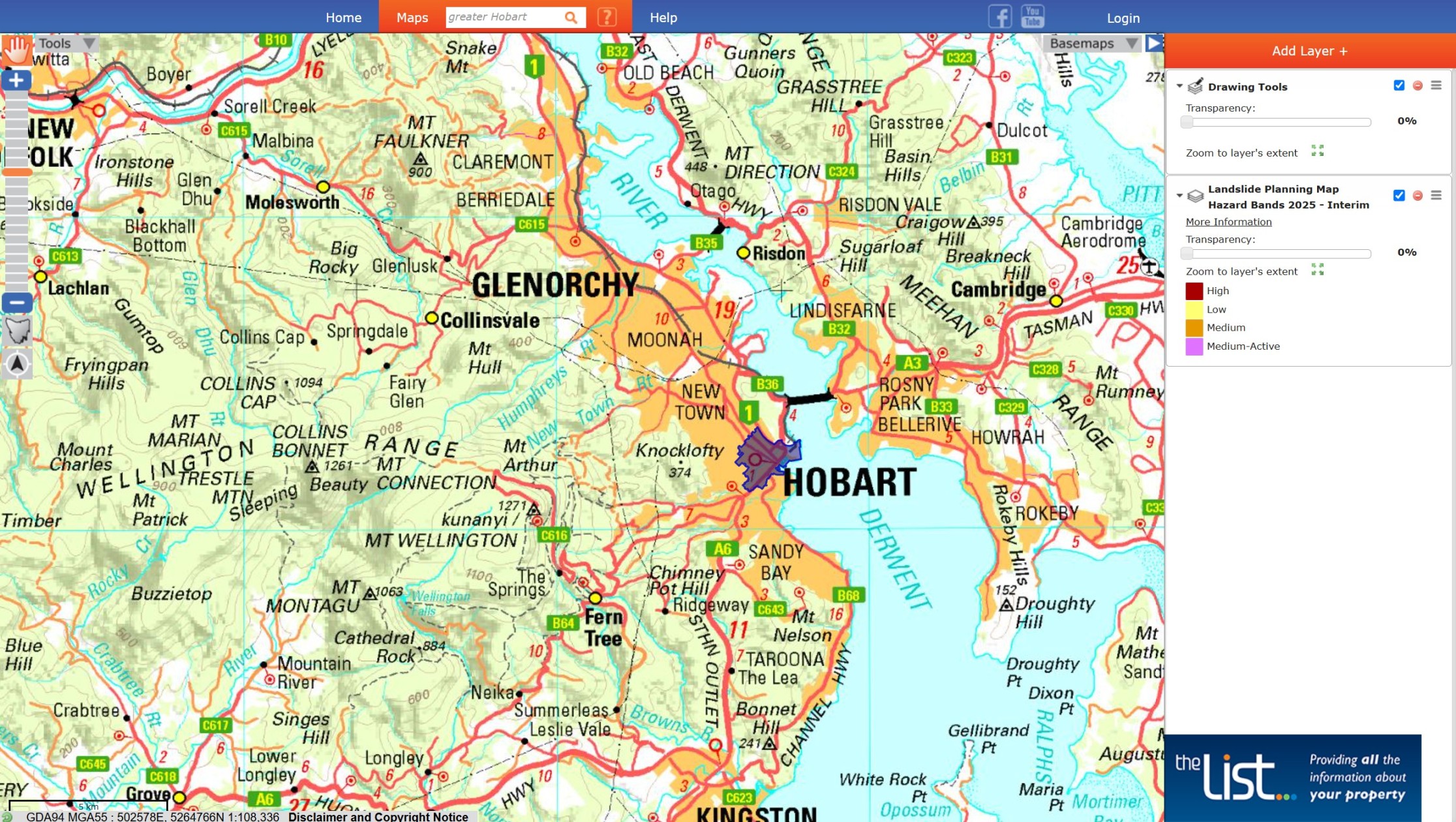 Figure 3. Landslide hazard bands used for planning and development controls across Greater Hobart, Tasmania. Source: Mineral Resources Tasmania / LISTmap.