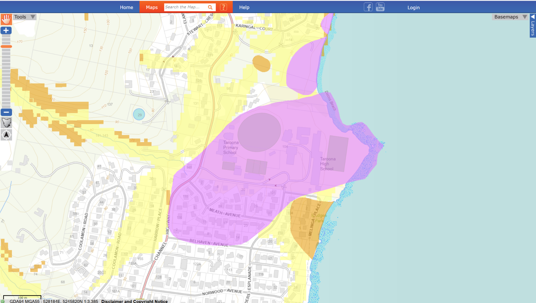Figure 2. The official MRT landslide hazard map indicates a broad hillslope instability zone extending from the upper hillside to the Derwent foreshore.